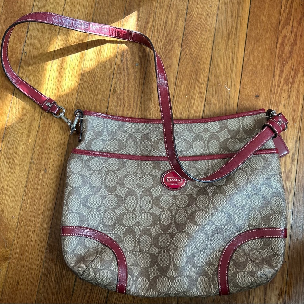 Coach Peyton Signature Crossbody Coated Canvas Khaki Red